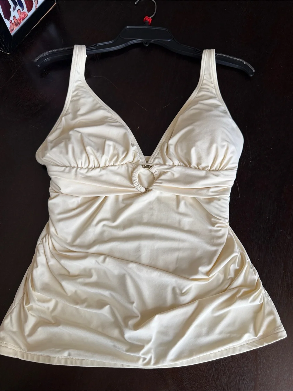 Michael Kors Cream V-Neck Bandeau Tankini with Ring Accent